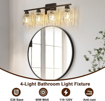 Refice 4-Light Bathroom Vanity Lights Crystal Glass, Oil Rubbed Bronze | Bathroom Light Fixtures Vanity Lighting Over Mirror for Living Room Farmhouse, Hallway