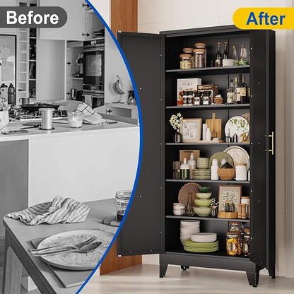 71" Metal Storage Cabinet with 2 Doors and 4 Adjustable Shelves,Black Farmhouse Kitchen Pantry Cabinet,Steel Garage Tool Cabinet,File Cabinetfor Home,Office,Dinning Living Room,Warehouse