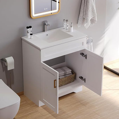 Bathroom 30" Vanity with Ceramic Sink, Wooden Double Door Bathroom Storage Cabinet, Freestanding Cabinet Vanity with Sink (Paint, White,30")
