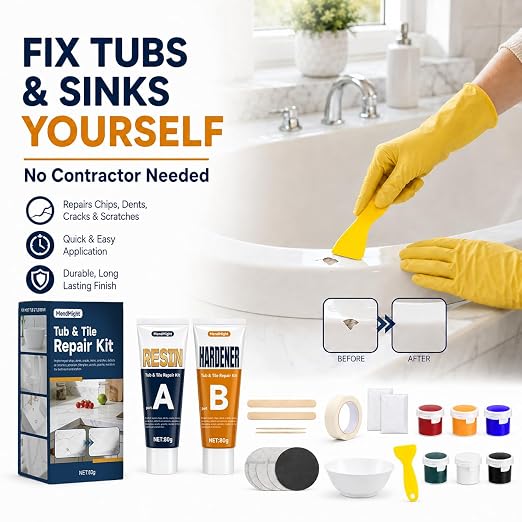 6-Color Tile Repair Kit for Porcelain Sink: DIY Fix - Match 90% Shades | Solve ugly patches – 6-color blend matches 90% shades, invisible. Waterproof, heat-proof.