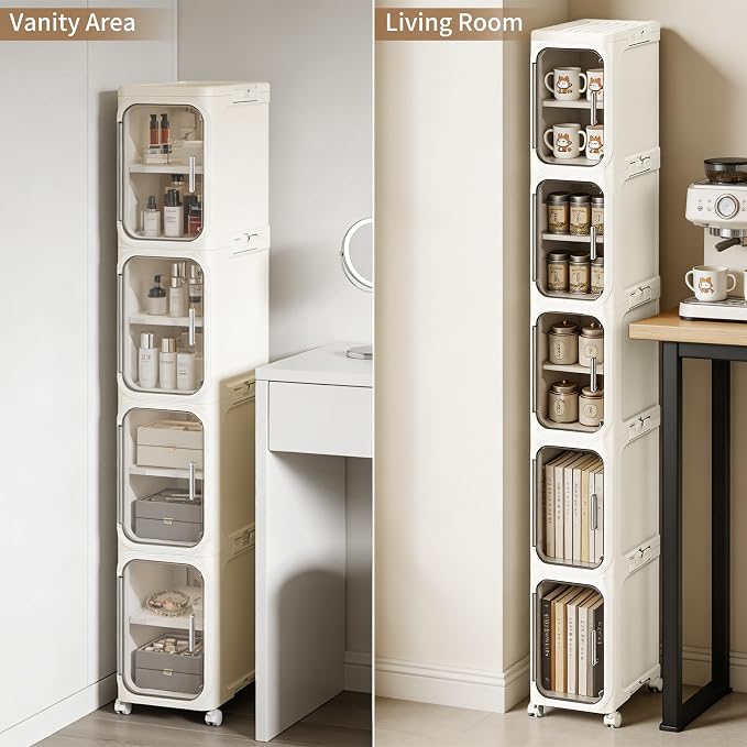 5-Tier Narrow Storage Cabinet Slim Bathroom Tall Skinny Organizer，Beige | Foldable Storage Cabinet with Lockable Rolling Wheels Magnetic Clear Door Adjustable Detachable Shelves For Narrow Space