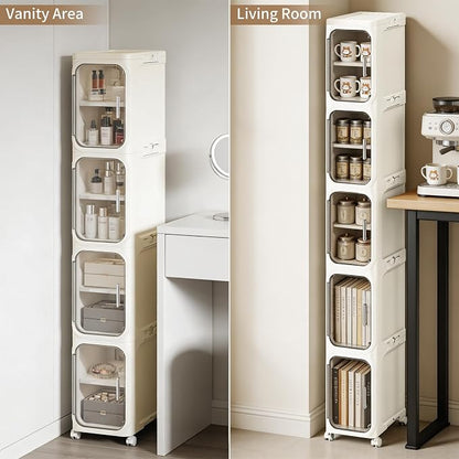 5-Tier Narrow Storage Cabinet Slim Bathroom Tall Skinny Organizer，Beige | Foldable Storage Cabinet with Lockable Rolling Wheels Magnetic Clear Door Adjustable Detachable Shelves For Narrow Space