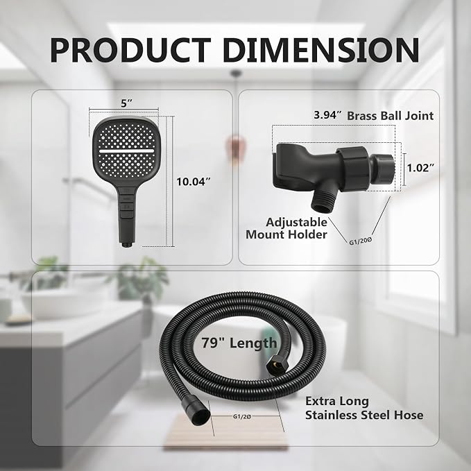 Handheld Shower Head with Extra Long Hose, 8 Setting Square Detachable Hand Held Spray with Upgrade Piano-Key Button & On Off Switch, 79" Long Stainless Steel Hose, Adjustable Bracket - Matte Black