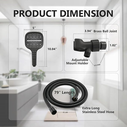 Handheld Shower Head with Extra Long Hose, 8 Setting Square Detachable Hand Held Spray with Upgrade Piano-Key Button & On Off Switch, 79" Long Stainless Steel Hose, Adjustable Bracket - Matte Black