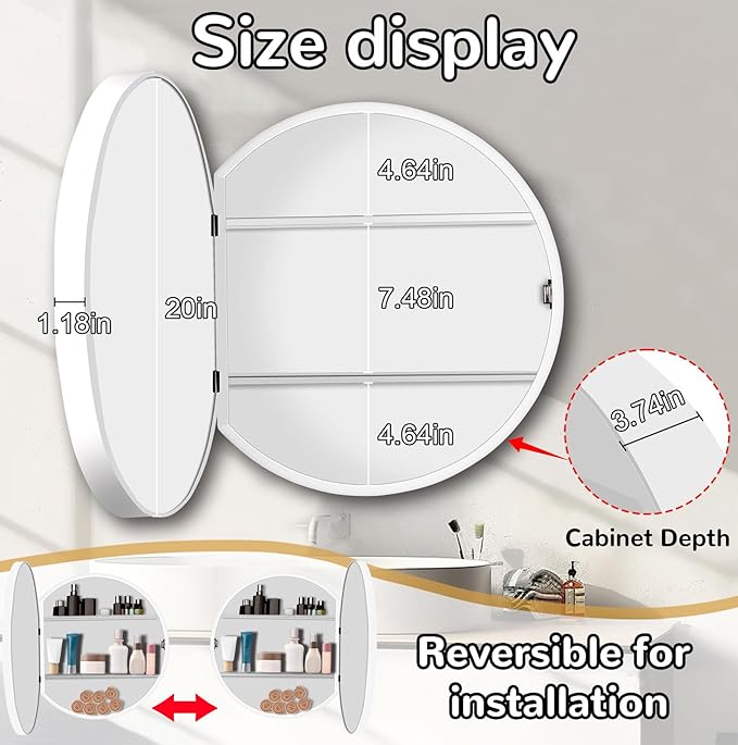 20 Inch Round Medicine Cabinet with Mirror, White Bathroom Medicine Cabinet for Wall Metal Framed, Surface Mount Only Circular Storage Cabinet with Vanity Mirror