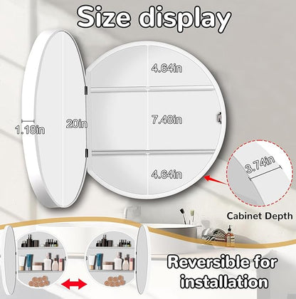 20 Inch Round Medicine Cabinet with Mirror, White Bathroom Medicine Cabinet for Wall Metal Framed, Surface Mount Only Circular Storage Cabinet with Vanity Mirror