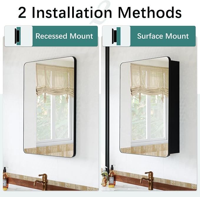 24 x 30 Black Medicine Cabinet Mirror, Recessed or Surface Mount | Bathroom mirror with storage: 6 adjustable shelves fit tall bottles; DTC soft-close hinges; rust-resistant aluminum