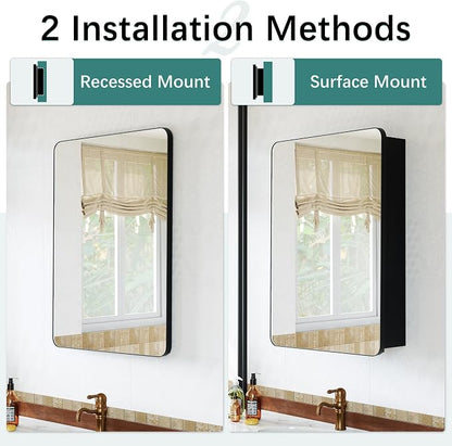 24 x 30 Black Medicine Cabinet Mirror, Recessed or Surface Mount | Bathroom mirror with storage: 6 adjustable shelves fit tall bottles; DTC soft-close hinges; rust-resistant aluminum