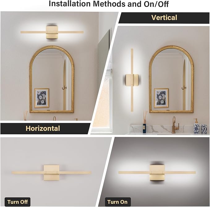 Gold Bathroom Vanity Light, 24 Inch LED Light Bar Over Mirror | Modern Bathroom Light Fixture Over Mirror for Vanity, 360° Rotatable Dimmable LED Wall Mounted Lighting, ETL Certified