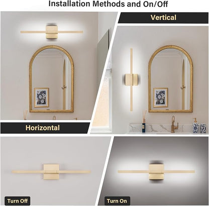 Gold Bathroom Vanity Light, 24 Inch LED Light Bar Over Mirror | Modern Bathroom Light Fixture Over Mirror for Vanity, 360° Rotatable Dimmable LED Wall Mounted Lighting, ETL Certified