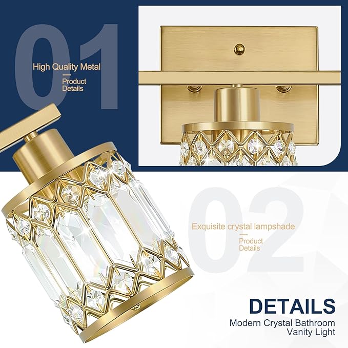 Crystal Modern Bathroom Light Fixtures, 4-Light Brushed Gold Bathroom Vanity Wall Light, Vanity Lights for Mirror, Restroom, Bedroom (E26 Socket, Bulbs Not Included)