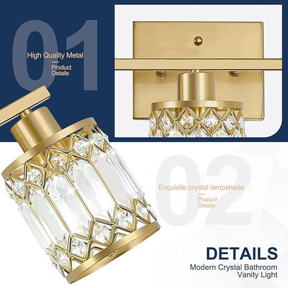 Crystal Modern Bathroom Light Fixtures, 4-Light Brushed Gold Bathroom Vanity Wall Light, Vanity Lights for Mirror, Restroom, Bedroom (E26 Socket, Bulbs Not Included)