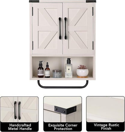 RUSTOWN Farmhouse Wall Storage Cabinet with Two Barn Door, Rustic Mounted Medicine Cabinet with Adjustable Shelf and Towel Bar, 3-Tier Wood Cabinet for Kitchen, Bathroom, Living Room (Washed Oak)