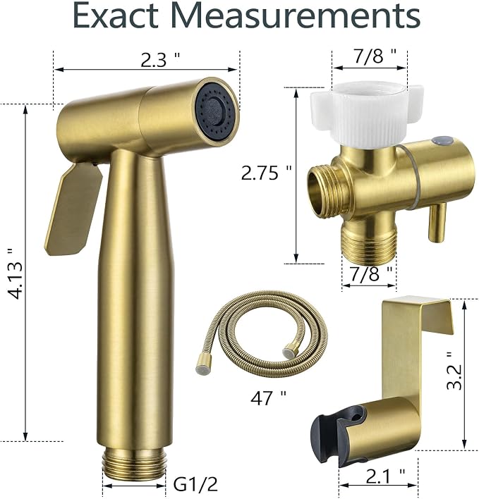 TRIPHIL Handheld Bidet Sprayer for Toilet, Adjustable Water Pressure Jet Bidet Attachment with Leak-Proof 304 Stainless Steel T-Valve for Bathroom Cleaning, Cloth Diaper/Feminine Wash, Brushed Gold