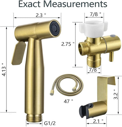 TRIPHIL Handheld Bidet Sprayer for Toilet, Adjustable Water Pressure Jet Bidet Attachment with Leak-Proof 304 Stainless Steel T-Valve for Bathroom Cleaning, Cloth Diaper/Feminine Wash, Brushed Gold