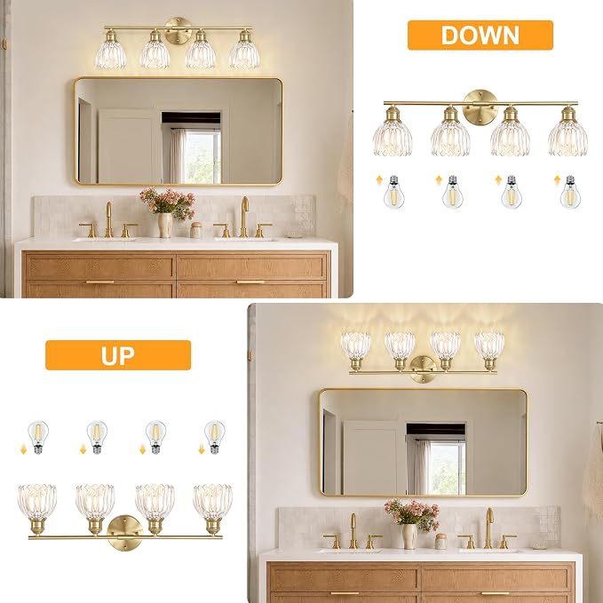Bathroom Light Fixtures, 4-Light Brushed Gold Vanity Lights for Bathroom with Clear Tulip Glass Shade, 26" Vintage Bathroom Vanity Lighting Fixtures Over Mirror for Bedroom Living Room Hallway