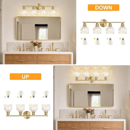 Bathroom Light Fixtures, 4-Light Brushed Gold Vanity Lights for Bathroom with Clear Tulip Glass Shade, 26" Vintage Bathroom Vanity Lighting Fixtures Over Mirror for Bedroom Living Room Hallway