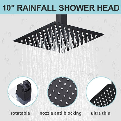 10 Inch Shower Faucet Set, Ceiling Mounted Rainfall Shower System with High Pressure Handheld Shower Head, Bathroom Mixer Shower Set Rough-in Valve and Trim Kit, Matte Black, with Tub Spout