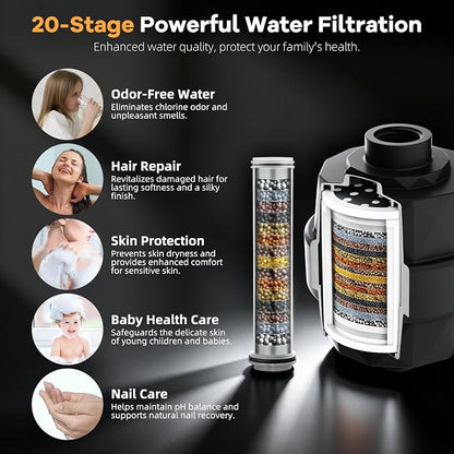 Hibbent 13" Filtered Shower Head & Filtered 10-Mode Handheld Combo, Black | High Pressure 5-Spray Showerhead, 4-way Diverter, Heightened All Metal Extension Arm, 3 Filter Cartridges, Easy Reach