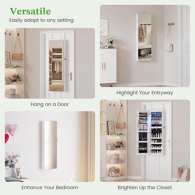 HNEBC Jewelry Cabinet with Lights,Wall Mounted Jewelry Organizer with Full-Length Mirror,Over The Door Hanging Jewelry Armoire Storage Cabinet,Lockable,Gift Idea,White