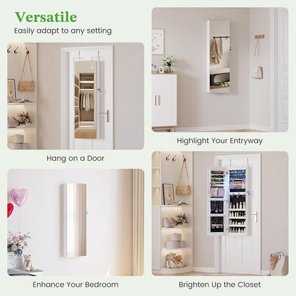 HNEBC Jewelry Cabinet with Lights,Wall Mounted Jewelry Organizer with Full-Length Mirror,Over The Door Hanging Jewelry Armoire Storage Cabinet,Lockable,Gift Idea,White