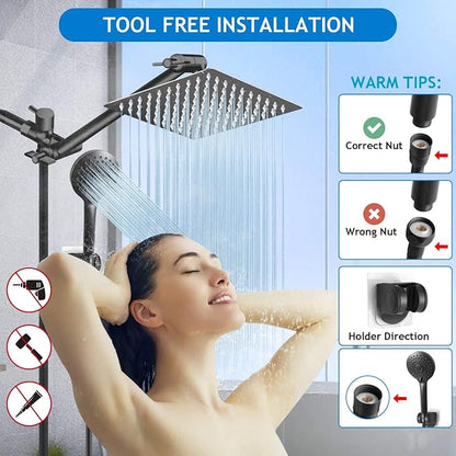 Shower Head Combo, 8 Inch High Pressure Rain with 11 Inch Adjustable Extension Arm and 5 Settings Handheld, Powerful Spray Against Low Water Pressure- Matte Black