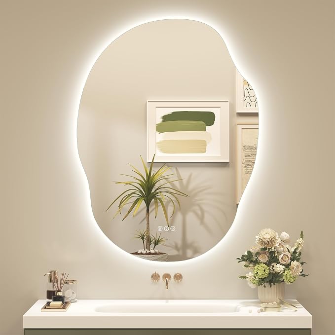 OKPAL Backlit Irregular LED Bathroom Mirror with Lights, 24x32 Asymmetrical Leaf-Shaped Ligthed Vanity Mirror for Wall, Anit-Fog, Dimmable, Memory, Shatterproof, UL (Horizontal/Vertical)