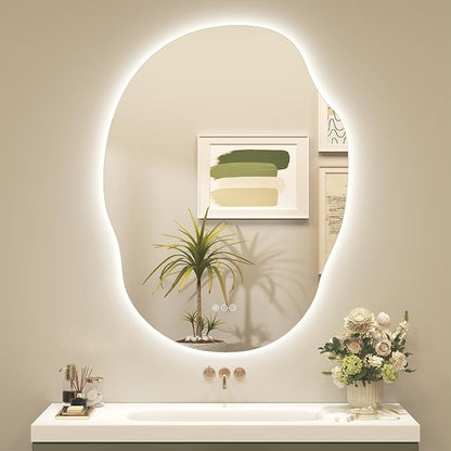OKPAL Backlit Irregular LED Bathroom Mirror with Lights, 24x32 Asymmetrical Leaf-Shaped Ligthed Vanity Mirror for Wall, Anit-Fog, Dimmable, Memory, Shatterproof, UL (Horizontal/Vertical)