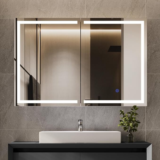 Hasuit Lighted Medicine Cabinet with Mirror, Wall Mounted Bathroom Mirror with Storage, 2 Doors Bathroom Wall Cabinet with LED Lights, 35.4'' x 23.6''