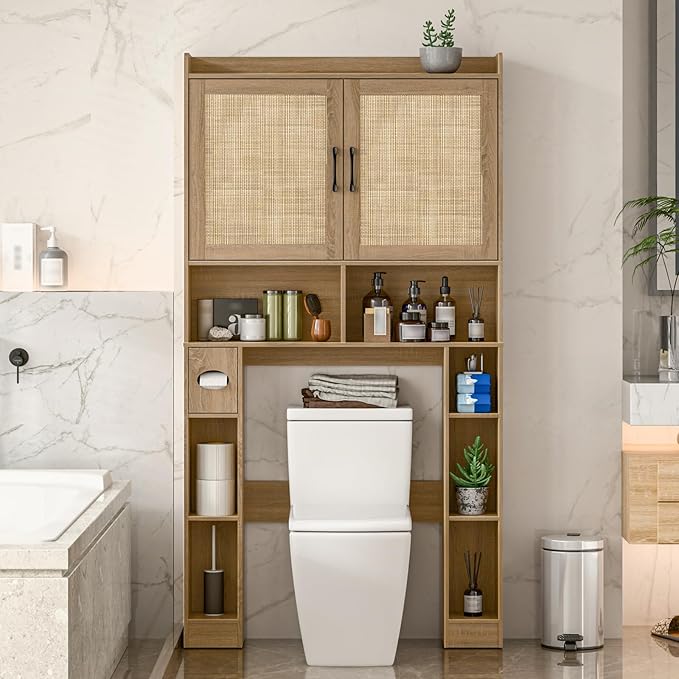 Vabches Over The Toilet Storage Cabinet with Barn Doors, Rattan Oak | Toilet Cabinet Rack, Space Saving Bathroom Organizer with Shelves, Toilet Paper Holder and Towel Rack for Bathroom,Laundry.