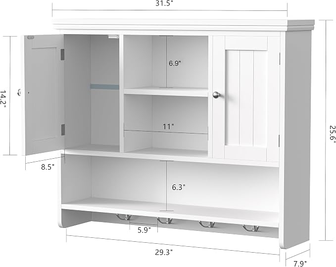 Bathroom Wall Cabinet with Doors and Hooks, 3-Tier Wall Mounted Cabinet | Modern Medicine Cabinet with 3 Open Shelves, Over the Toilet Storage Cabinet for Kitchen, Laundry Room, Living Room, White
