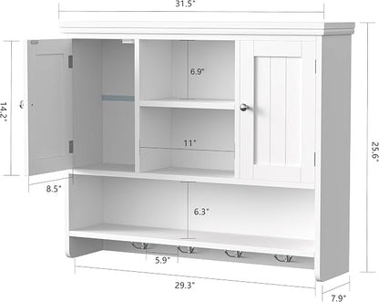 Bathroom Wall Cabinet with Doors and Hooks, 3-Tier Wall Mounted Cabinet | Modern Medicine Cabinet with 3 Open Shelves, Over the Toilet Storage Cabinet for Kitchen, Laundry Room, Living Room, White