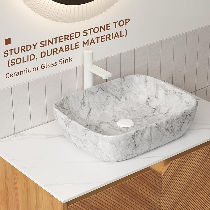 Floating Bathroom Vanity with Sink, 36 Inch Fluted Vanity with Vessel Sink, Modern Bathroom Vanity Cabinet with 2 Doors, Oval Marble Vessel Ceramic Sink & Sintered Stone Top, Oak