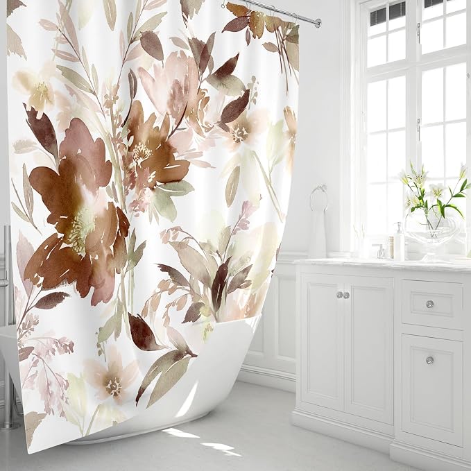 MAYZUS Long Shower Curtain 72x78 Inch, Tall Watercolor Brown Floral Decor | Modern Abstract Flower Bathroom Fabric Shower Curtain Set with Hooks