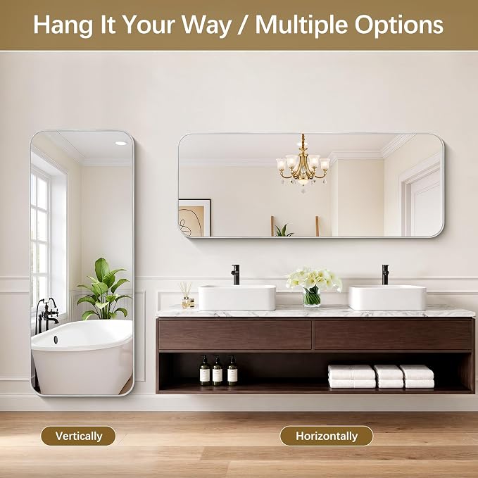DESBING 60"x24" Bathroom Mirror for Over Sink, Silver Framed Wall Mirror | High-Definition Shatterproof Vanity Mirror with Rounded Corner for Bedroom Living Room Entryway Horizontally or Vertically