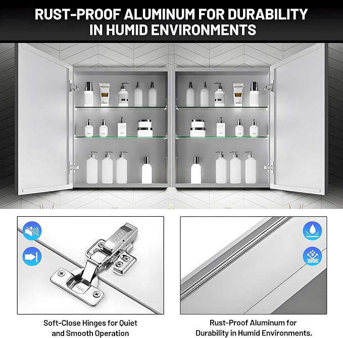 40 x 24 Medicine Cabinet Mirror for Bathroom,Assembly Required,Aluminum Alloy Frame,Surface-Mount Only,Mirrored Side Panel,Adjustable Shelves,Bathroom Medicine Cabinet with Mirror