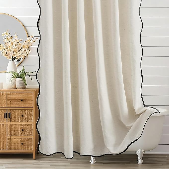 ORTIGIA Scalloped Shower Curtain Linen Textured with Metal Hooks, Waterproof Fabric Neutral Thick Cloth Cute Scallop Shower Curtains with Black Border for Rustic Farmhouse Bathroom Decor 72x72 Inch