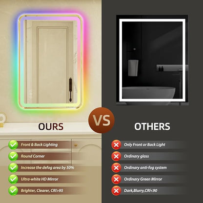 24x36 Inch Gold Framed LED Bathroom Mirror with Lights,Smart Bathroom Mirror,RGB,Anti-Fog,Stepless Dimmable & 3 Colors,Memory,Vanity Mirror for Wall