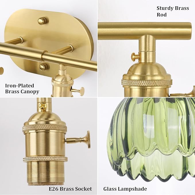 Shenmoyl Bathroom Light Fixtures, 4-Light Brass Vanity wall Light Over Mirror with Green Tulip Glass Shade for Bedroom Living Room (Bulb Not Included)