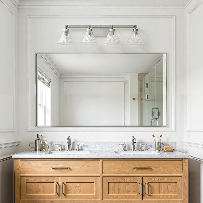 Brushed Nickel Bathroom Lighting Fixtures 4-Light Vanity Light Modern Bathroom Lights over Mirror with Ribbed Glass Shade 34 Inch Bathroom Vanity Lighting Fixtures for Bedroom Living Room Hallway
