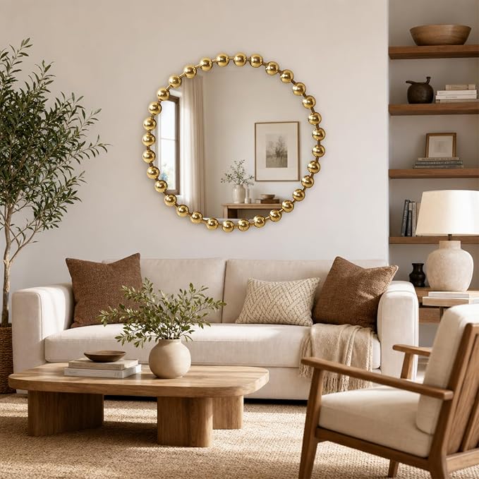 Madison Park 27 inch Gold Round Mirror, Round Mirrors for Wall Decor, Metal Frame Circle Mirrors for Bathroom, Living Room, Circle Wall Metal Art Mirror