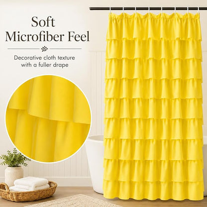 Yellow Shower Curtains for Bathroom, 36x72 Inch, Cascading Tiered Ruffles | Soft Ruffled Edge Detailing, 36 x 72, Delicate Ruched Microfiber Texture, 12 Hooks Included, Machine Washable, Bathroom Focal
