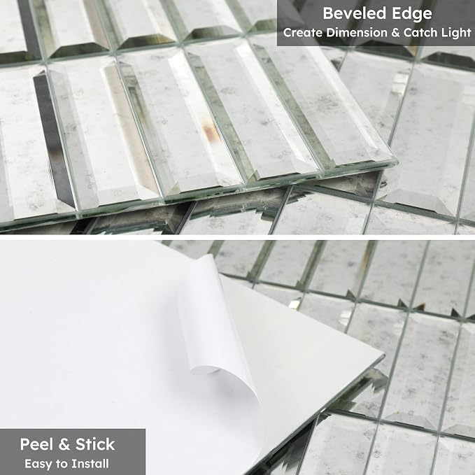 Peel and Stick Mirror Backsplash, Light Antique, 1.8 x 11.8 Inch, Beveled Mirror Three Strips Tiles for Kitchen Bathroom Accent Wall, Pack of 5 Sheets