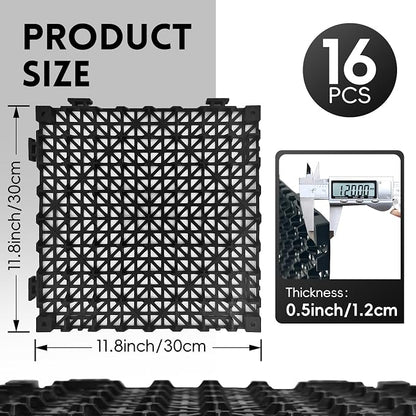 RITOLLO Modular Interlocking Cushion Drainage Floor Tiles, 16-Pack 11.8"x11.8" PVC Raised Non-Slip Interlocking Mats with Drain Holes for Deck, Pool, Garage, Shower, Patio, Bathroom, Sauna, Yard