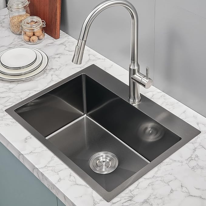 24 Inch Drop in Kitchen Sink Black, 18 Gauge Stainless Steel | Single Bowl Single Hole Topmount Sink, 24"x18"x9" Basin Sink for Small Kitchen, Bar and RV