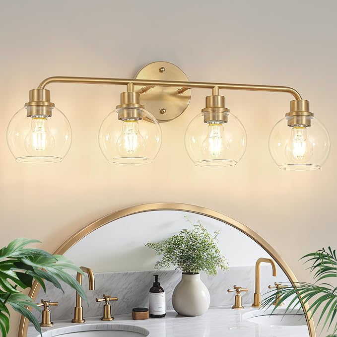 Bathroom Light Fixtures Gold Vanity Light 4 Light Brushed Brass | Wall Sconces Lighting with Clear Globe Glass Shades Bath Wall Lamp for Mirror Kitchen Living Room Bedroom Hallway 27 Inch