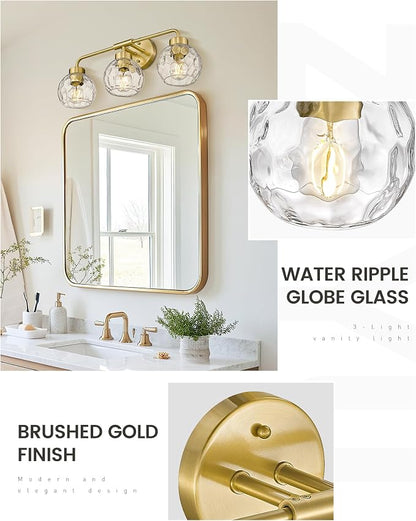 zeyu Brushed Gold 23-Inch 3-Light Bathroom Vanity Lighting, ZS62BG-3W BG-WG | Bathroom Wall Light Fixtures, 3 E26 Bulbs Up To 60W Each, Up/Down Mount, Water Ripple Globe Glass, For Bathroom Mirror