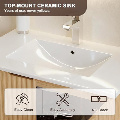 Modern Bathroom Vanity with Sink, Floating Wall Mount Cabinet with Wavy Textured Doors, Waterproof Storage for Small Bathroom, Soft-Close Design, Nature Wood (30")