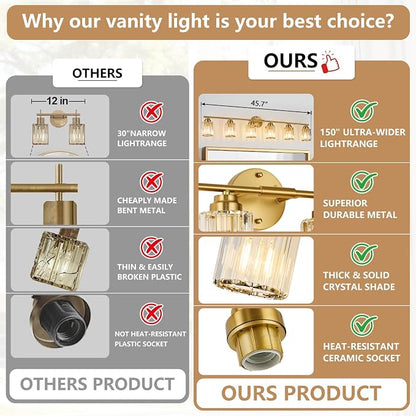 Modern 45.7" Crystal Vanity Light, 6 Light Bathroom Light Fixtures, Gold Vanity Light with Clear Crystal Shades, E26 Base Wall Sconces Vanity Lights for Bathroom Powder Room