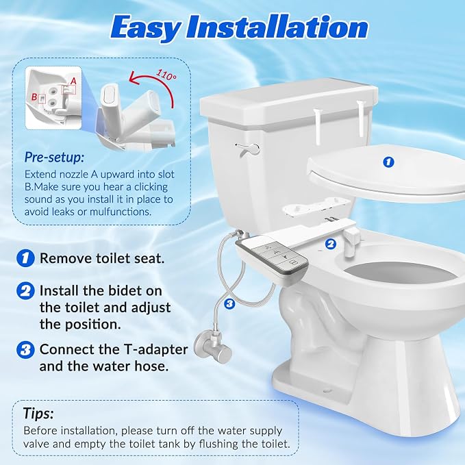 Bidet Attachment for Toilet,0.23 In Ultra Thin, Dual Nozzles,Cold Water | Self-Cleaning Nozzles,Adjustable Water Pressure,One Click Detach,Rotate Button Control,Fits Most Toilets,White,Square